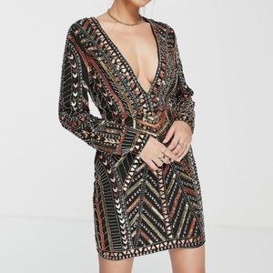 Asos NWT Plunge Structured Mini Dress with Paneled Embellishment Women’s Size 4